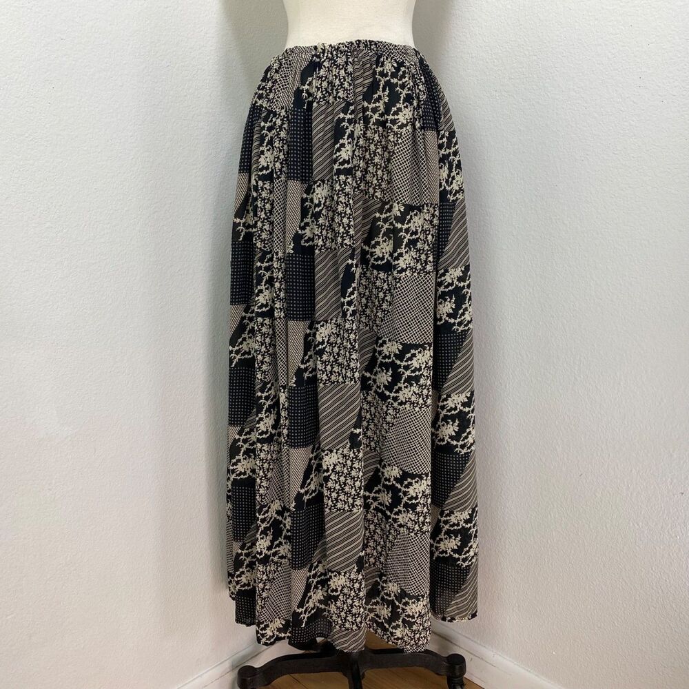 Vintage Clio Black n White Patchwork Print Maxi Skirt Med Elastic Waist Peasant